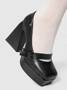 ROMWE Goth 女士方头玛丽珍粗跟厚底高跟鞋，黑色，2024 春夏秋冬系列新品，情人节款