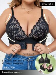 Wedaily 2 pièces Ensemble de soutien-gorge sans fil à empiècement en dentelle grande taille - Noir - Voir 1