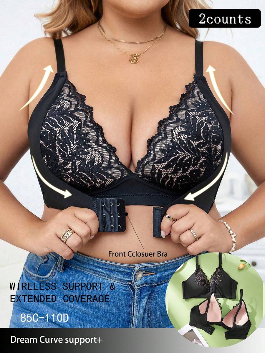 Wedaily 2 pièces Ensemble de soutien-gorge sans fil à empiècement en dentelle grande taille - Noir - Voir 1