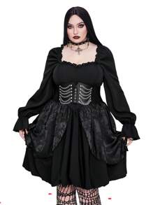 Whyspr Goth Punk Plus Size Romantic Waist-Cinching Solid Color Long Sleeve Dress Goth Women Outfit Fall Cloth For Women - Black - View 5