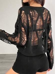 Chiquease Spring/Summer Hollow-Out Pullover Top, Sheer See-Through Cropped Cover Up - Black - View 2