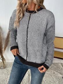 SHEIN LUNE Women's Casual Crew Neck Colorblock Striped Patchwork Pullover Sweater Knit Pullover Fall Winter - Coffee Brown - View 4