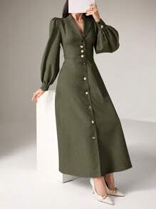 Heiryn Váy dài màu trơn thường ngày cho nữ, đơn giản và thời trang để mặc hàng ngày - xanh quân đội - Xem 4