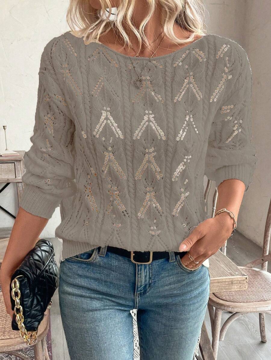 SHEIN LUNE Áo len chui đầu họa tiết hoa rỗng hở vai thoải mái phong cách nghỉ mát - Màu Khaki - Xem 1