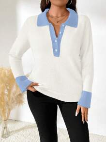 SHEIN LUNE 大码纯色拼接前扣长袖休闲套头毛衣针织衫秋冬款 - 白色 - 查看 4