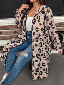 SHEIN LUNE Plus Size Women Leopard Print Long Sleeve Hooded Drawstring Pockets Long Casual Coat ,Autumn New Years Women Leopard Print Coat For Women - Multicolor - View 1