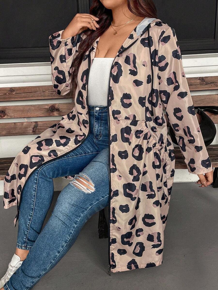 SHEIN LUNE Plus Size Women Leopard Print Long Sleeve Hooded Drawstring Pockets Long Casual Coat ,Autumn New Years Women Leopard Print Coat For Women - Multicolor - View 1