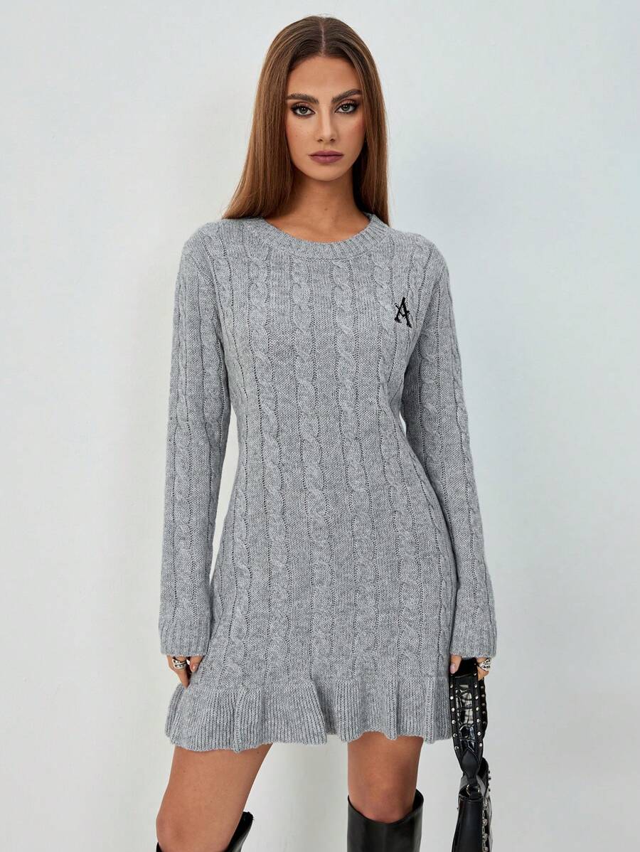 Chiquease Women's Elegant Letter Print Ruffled Close-Fitting Round Neck Drop Shoulder Long Sleeve Knit Sweater Dress Fall Cloth For Women