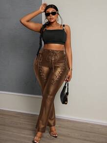 Slaydiva Plus Size Women Solid Color Eyelet Tie Pu Leather Pants - Brown - View 4