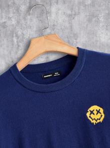 Manfinity Homme 男士休闲笑脸图案圆领毛衣套头衫，秋冬 - 藏蓝色 - 查看 4