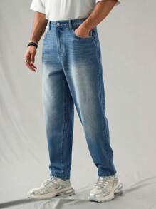 Manfinity Hypemode Pantalones vaqueros casuales de corte recto y ajuste relajado en azul oscuro lavado para hombre - Lavado ligero - Ver 6
