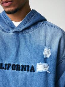 ROMWE MEN Street Life Men Letter Graphic Long Sleeve Ripped Hooded Denim Jacket, Autumn - Baby Blue - View 5