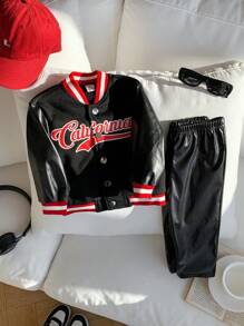 SHEIN Baby/Toddler Kids 2pcs Set - Contrast Color Letter Print PU Baseball Jacket & Elastic Waist Pants, Suitable For Home, Outdoor, Sports, Autumn/Winter - Black - View 5