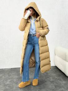 EURMUSE Contrast Trim Detailed, Keeping Warm, Zip Pocket And Side Poppers Detailed Puffer Jacket - Beige - View 4