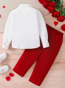 2pcs Young Boy Gentleman Elegant Urban Fashion Red Bow Tie, Plaid Vest 2 In 1 Design, White Collar Long Sleeve Shirt And Red Pants Gentleman Suit, Suitable For Wedding, Party, Travel, Casual Gathering, Autumn/Winter