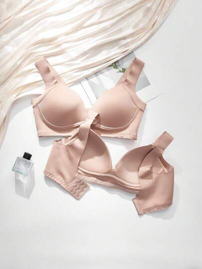 2pcs Women's Plain Wide Strap Minimalist Wireless Bralette Set