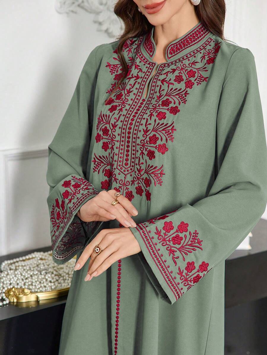 Al Najma Vestido árabe de manga larga con cuello mao y bordado floral, Kaftan modesto - verde menta - Ver 1