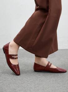 CUCCOO BIZCHIC Women's Square Toe Flat Shoes, Burgundy Fashion Buckle Strap Lady Flats Valentines - Burgundy - View 5