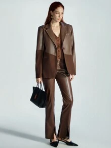 Aveloria Modichic Vintage Style Asymmetrical Design PU Patchwork Solid Color Blazer Jacket, Women Business Office Lady Formal Workwear, Autumn/Winter Fall Cloth For Women - Brown - View 3