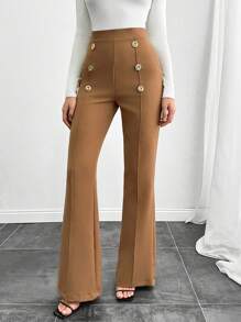 SHEIN Tall Tall Size Double Breasted Decorative Flared Trousers - Camel - View 3