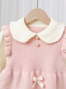 SHEIN Vestido de suéter de punto con cuello de volantes de lazo y contraste de color, informal y cómodo para niñas jóvenes