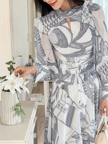 DAZY Rochie de toamnă cu mânecă lungă și imprimeu pe toată suprafața pentru femei - Albastru - Vizualizare 1