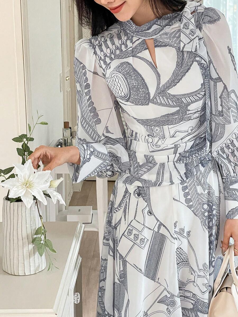 DAZY 女式全印花长袖休闲长款衬衫裙，秋季连衣裙 - 藍色 - 查看 1