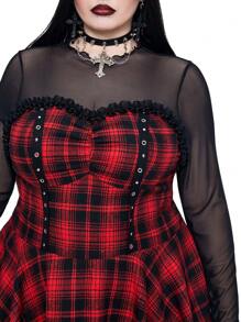 Whyspr Goth Punk Plus Size Black And Red Plaid Contrast Lace Ruffle Hem Goth Grunge Mini Dress Goth Women Outfit - Multicolor - View 7