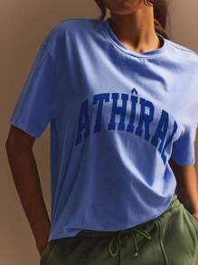 Athîral Women Letter Print Loose Fit Drop Shoulder Round Neck Casual T-Shirt - Blue - View 5