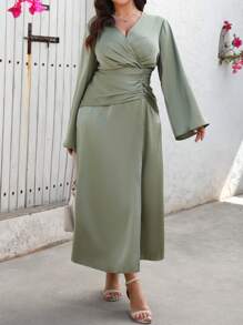 Flirla Plus Size Women's Solid Satin Pleated Hem Slit Flare Sleeve Maxi Party Dress, Elegant Spring Autumn Winter Fall Cloth For Women - Green - View 4