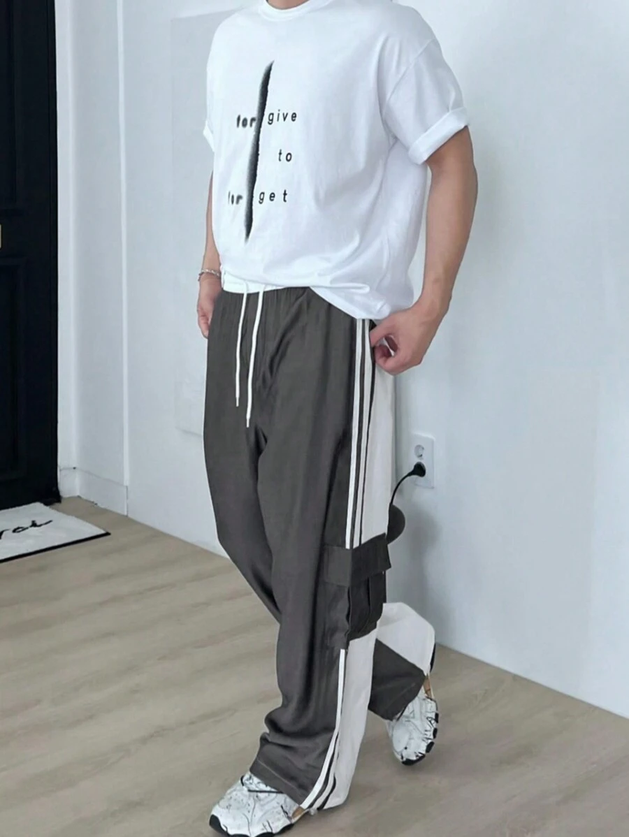 DAZY 男士拼色工装口袋直筒裤 男士慢跑裤 - 灰色 - 查看 1
