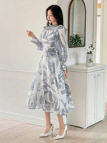 DAZY Rochie de toamnă cu mânecă lungă și imprimeu pe toată suprafața pentru femei - Albastru - Vizualizare 4