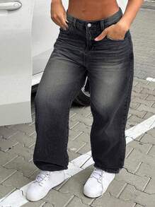 Plus Size Casual Loose Straight Leg Jeans - Dark Grey - View 3