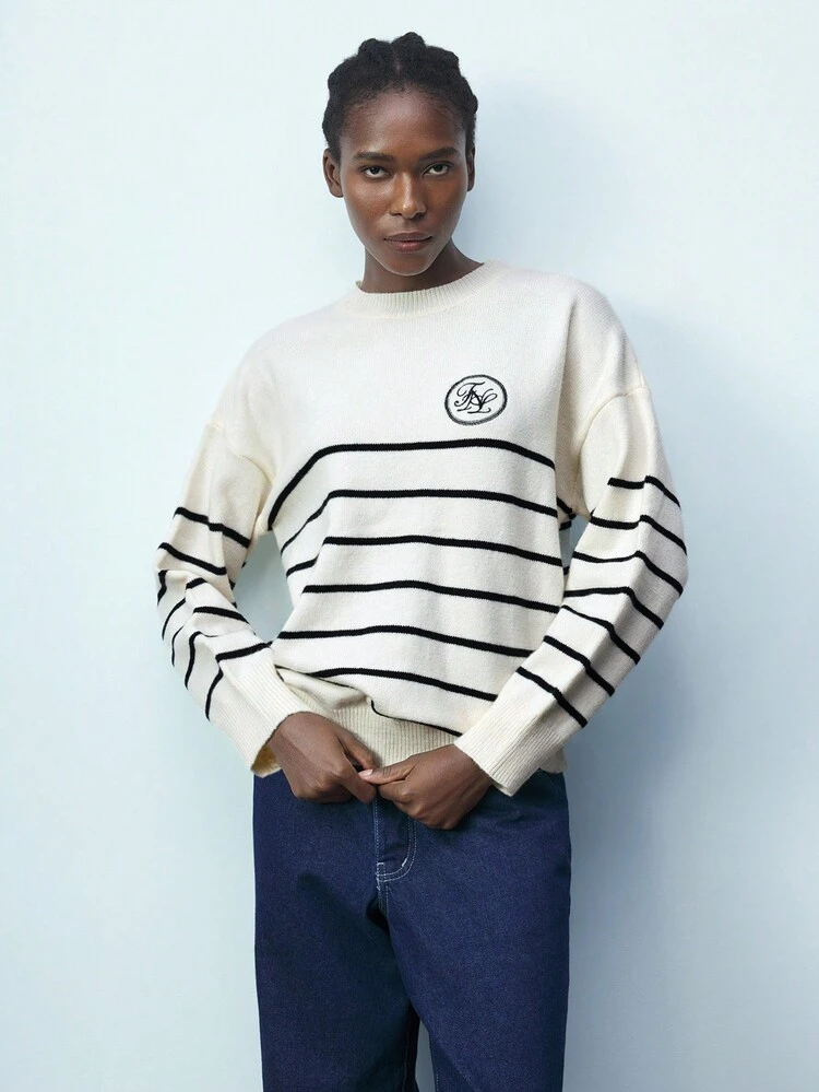 SHEIN Maija Maglione ampio a maniche lunghe a collo tondo, a maglia lenta, con grafica ricamata a righe, per uso casual quotidiano, adatto per autunno/inverno, occasioni festive