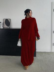 Flirla 时尚百搭简约高领上衣 + 开叉长裙针织毛衣套装，女款，秋冬 - 酒紅色 - 查看 8