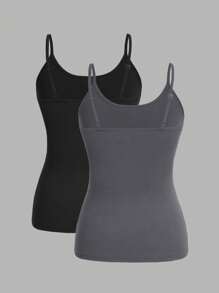 SHEIN EZwear 2 件女式黑色和深灰色无袖高领吊带背心，休闲夏装 - 彩色 - 查看 2