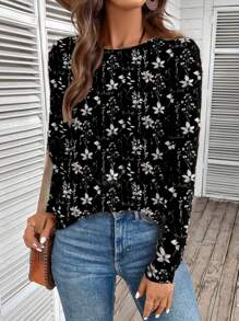 EMERY ROSE Casual minimalistisch bloemenprint T-shirt met lange mouwen voor dames, geschikt voor lente en herfst