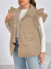 SHEIN LUNE Plus Size Women's Solid Color Single Breasted Short Cap Sleeve Casual Winter Clothes Jacket Fall Autumn - Khaki - View 6