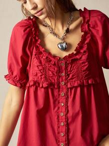 Bohemela 女士休闲纯色宽松编织短袖衬衫，红色上衣