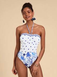 Travachic Women's Geometric Floral Print Halter One-Piece Swimsuit For Summer Beach Vacation - Blue - View 3