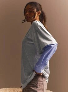 Athîral 女士纯色拼布圆领长袖休闲上衣