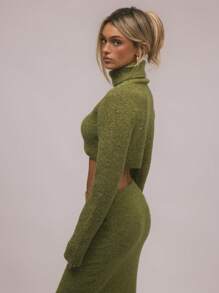 MUSERA Turtleneck Rollover Extreme Crop Jumper Y2k Spring Casual Cute 90's Sun - Army Green - View 3