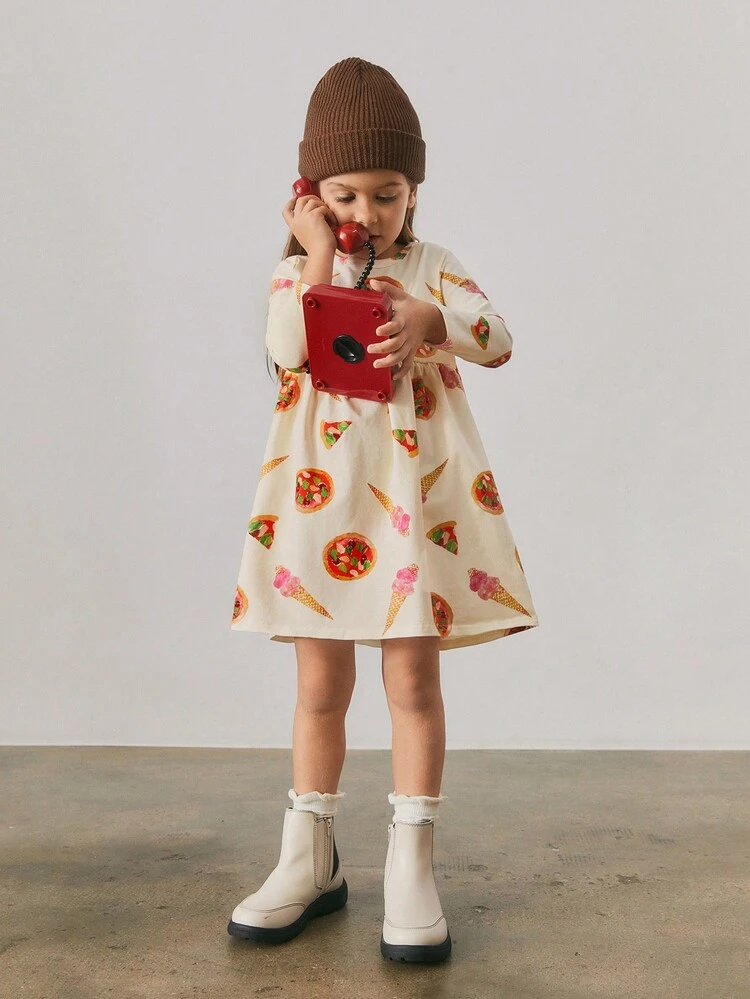 Young Girl Loose Casual Round Neck Patterned Long Sleeve Dress