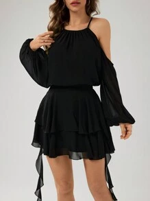 SHEIN EZwear 2件套女士纯色露肩长袖衬衫和高腰半身裙两件套女士夏季服装女士春季 - 黑色 - 查看 6