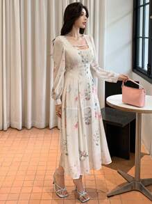 DAZY Đầm midi tay dài in hoa cổ vuông cho nữ, Đầm thu, Đầm dài tay - Màu be - Xem 6