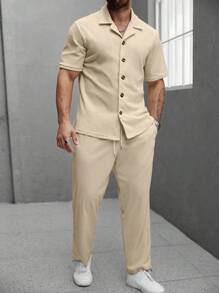 Manfinity Homme 大码男式纯色短袖单排扣衬衫和裤子休闲西装 - 米色 - 查看 4