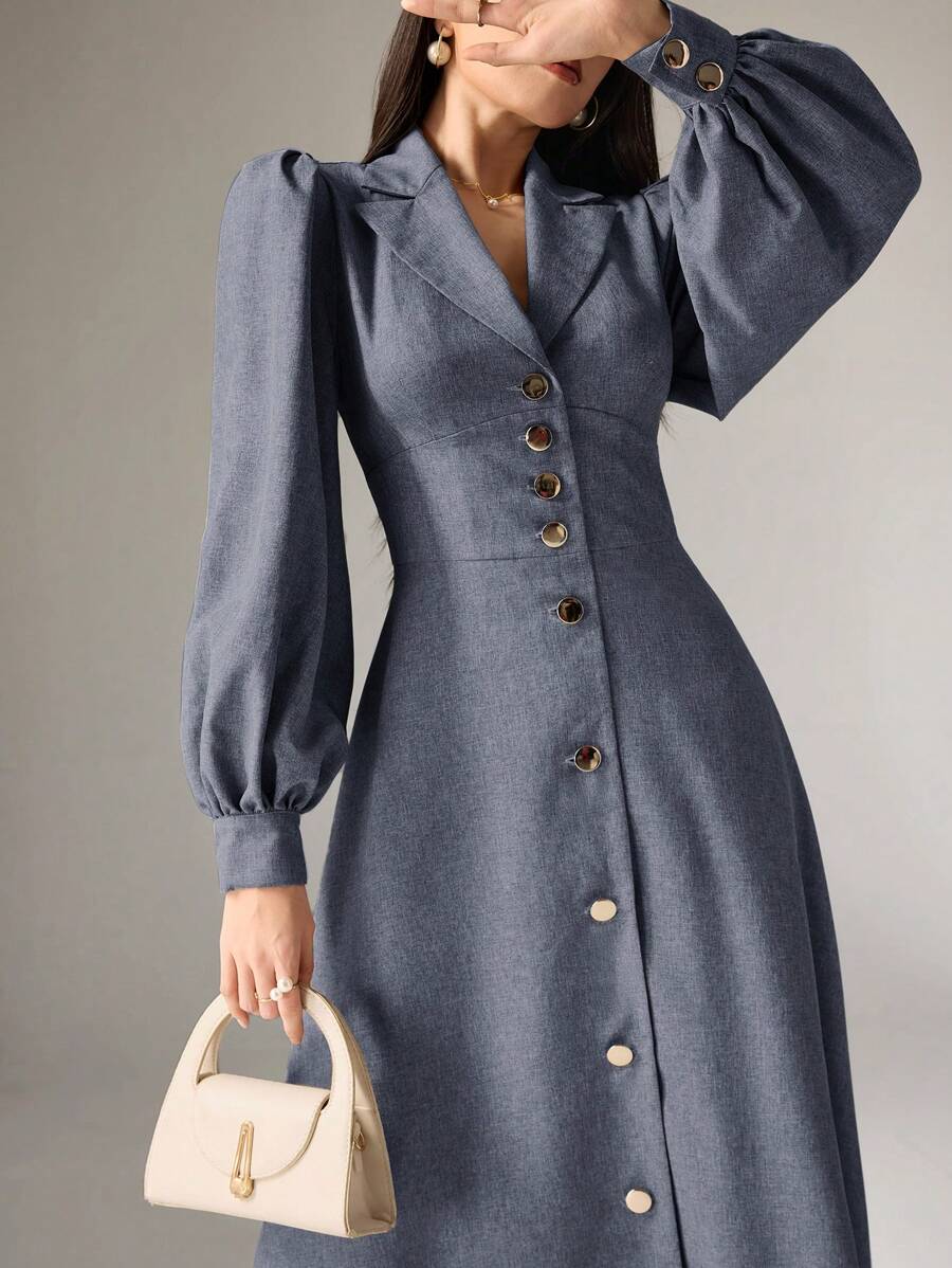 Heiryn Women's Solid Color Front Button Down Shirt Collar Dress - Dusty Blue - View 1