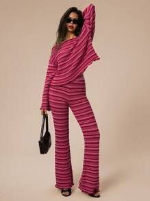 Forever 21 Ensemble de pantalon et pull rayé pour femmes, coupe slim, style décontracté simple et pour le port quotidien