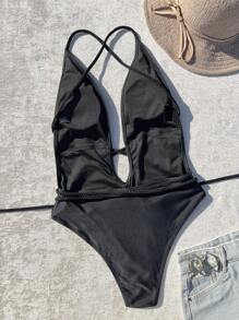 SHEIN Swim Summer Beach Women's Deep V-Neck Back Cross Straps One-Piece Swimsuit