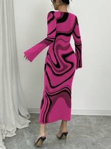 Elenzga 女式拼色圆领长袖修身收腰休闲连衣裙